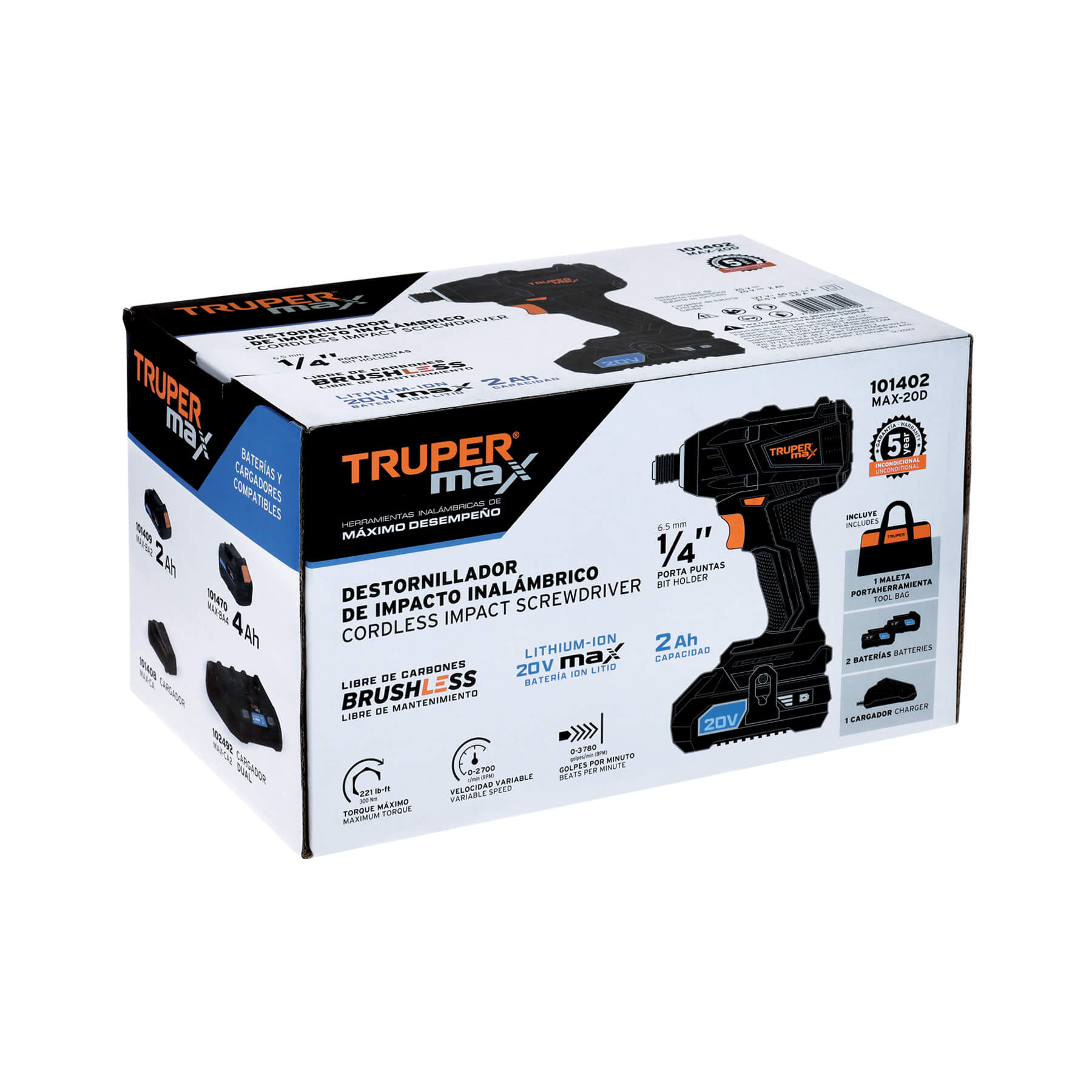 Destornillador de impacto, 20V, 2 baterías 2Ah, MAX - Imagen 3